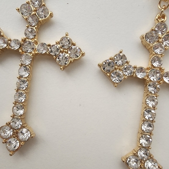 NEW Golden Embellished Statement Cross Hoop Earrings - Picture 5 of 8